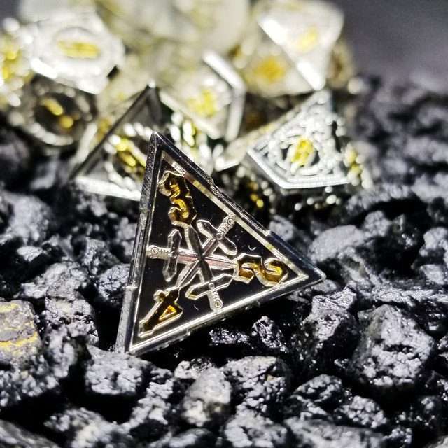 Sage's Knight's Valor - Truesilver Gold Ink Metal Polyhedral Dice Set image 7