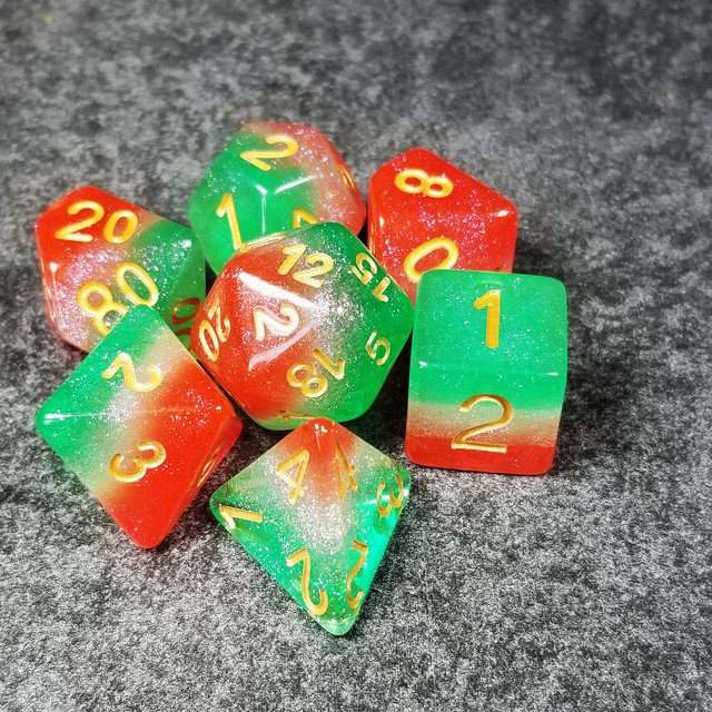 Sage’s Cantrips - Red/White/Green Watermelon Resin Polyhedral Dice Set image 13