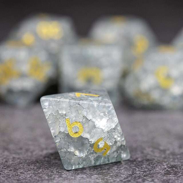 Sage's Kaleidoscopes White/Mica Cracked Glass Frosted Finish Polyhedral Dice Set image 6