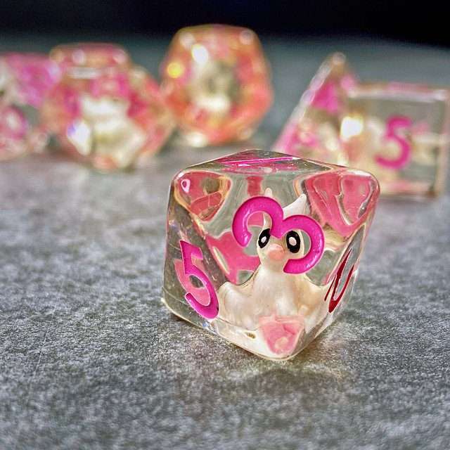 Sage's Familiars- Bunny Familiar Resin Pink Polyhedral Dice Set image 4