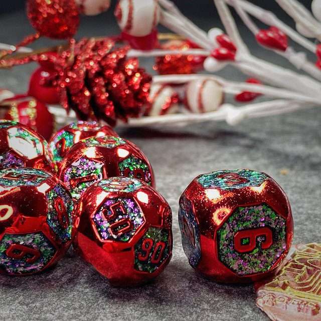 Sage's Spheres - Red with Green/Purple Glitter Spherical Metal Polyhedral Dice Set image 0