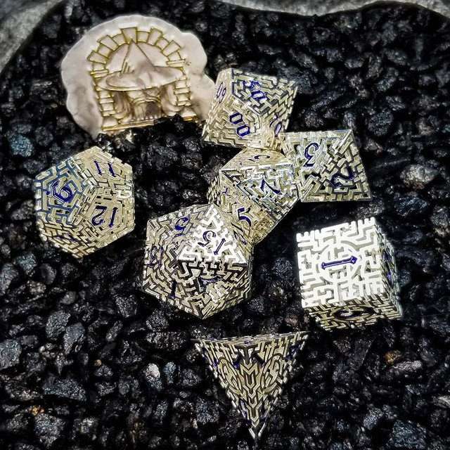Sage's Labyrinths - Silver Weave Blue Ink Hollow Metal Polyhedral Dice Set image 21