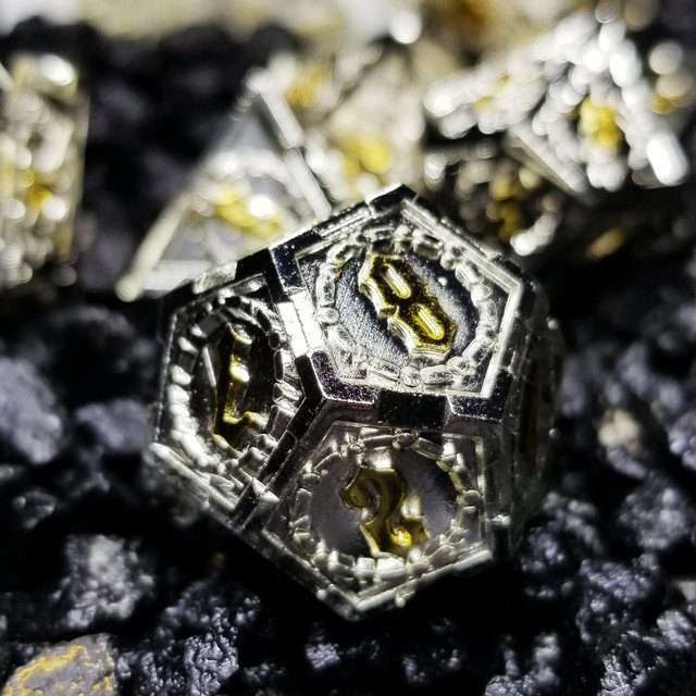 Sage's Knight's Valor - Truesilver Gold Ink Metal Polyhedral Dice Set image 2