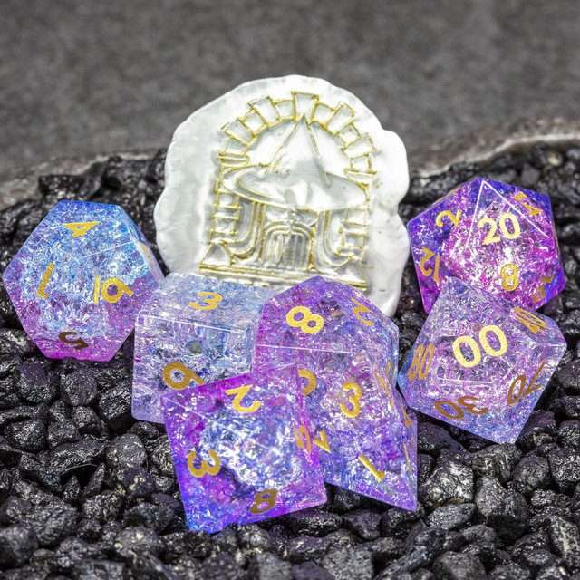 Sage's Kaleidoscopes Purple/Blue Cracked Glass Gloss Finish Polyhedral Dice Set image 0