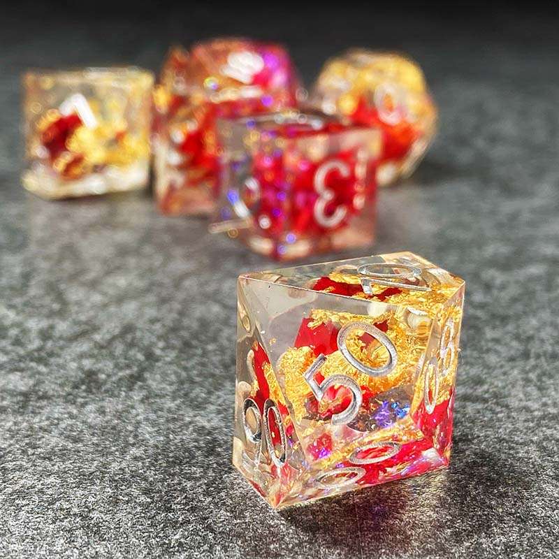 Sage’s Enchanted Flower Red/Silver Ink Sharp Edge Resin Polyhedral Dice Set image 13