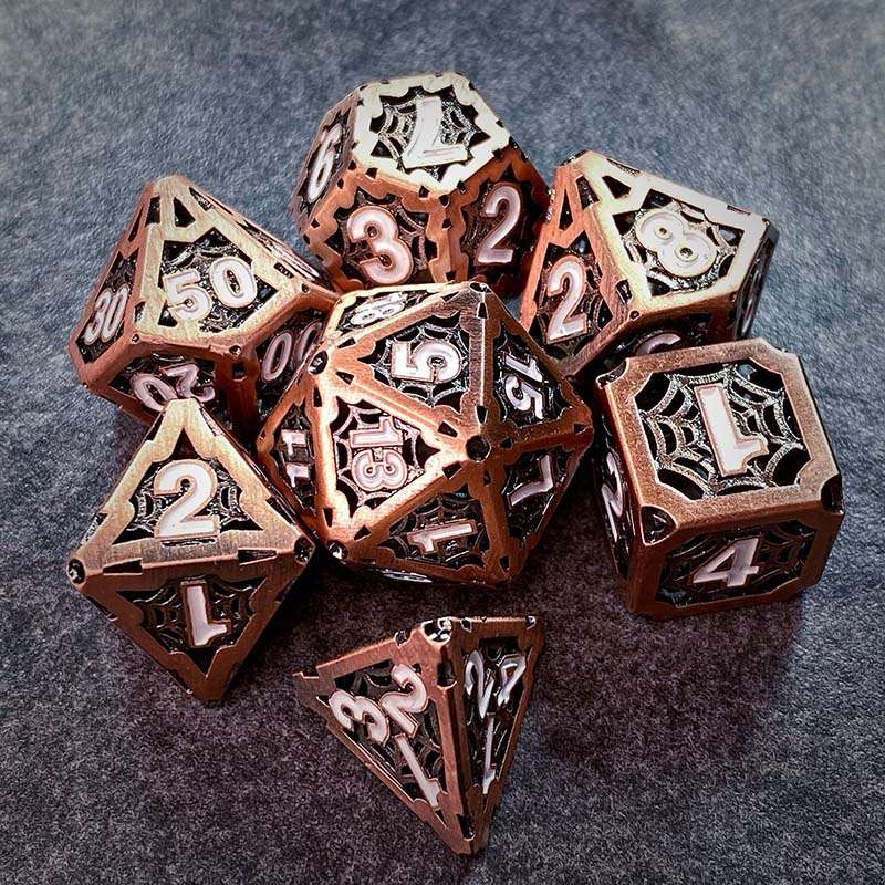 Sage's Gnomish Trinkets - Hollow Copper Spider Trinket White Ink Metal Polyhedral Dice Set image 9