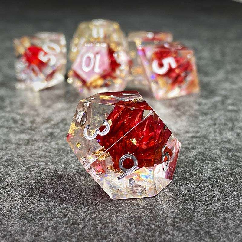 Sage’s Enchanted Flower Red/Silver Ink Sharp Edge Resin Polyhedral Dice Set image 5