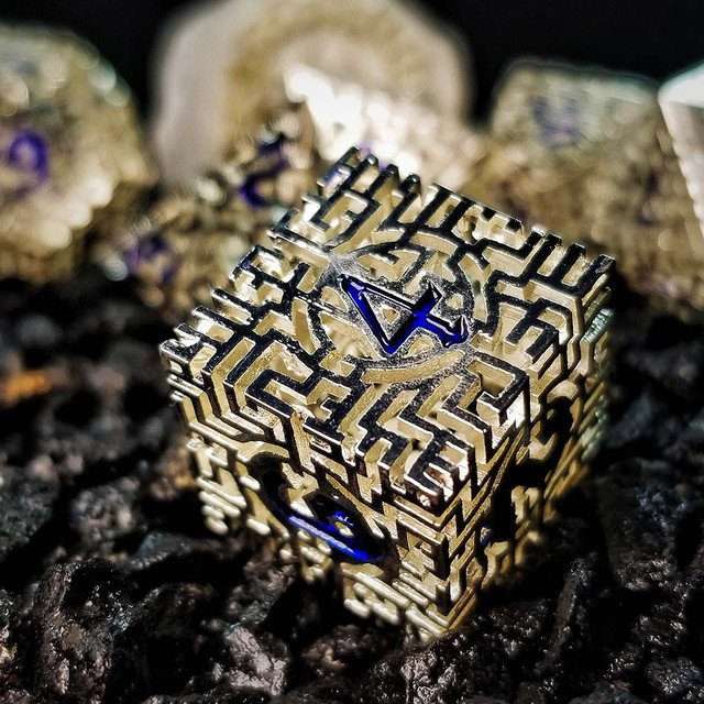 Sage's Labyrinths - Silver Weave Blue Ink Hollow Metal Polyhedral Dice Set image 6