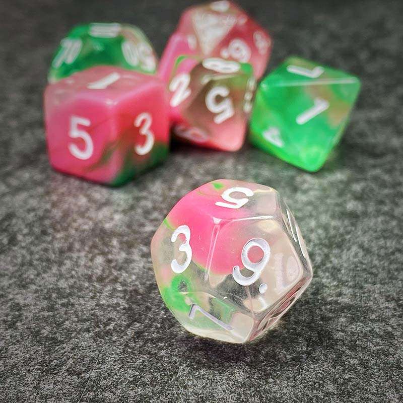 Sage's Capsules - Half Transparent Pink/Green Acrylic Polyhedral Dice Set image 3