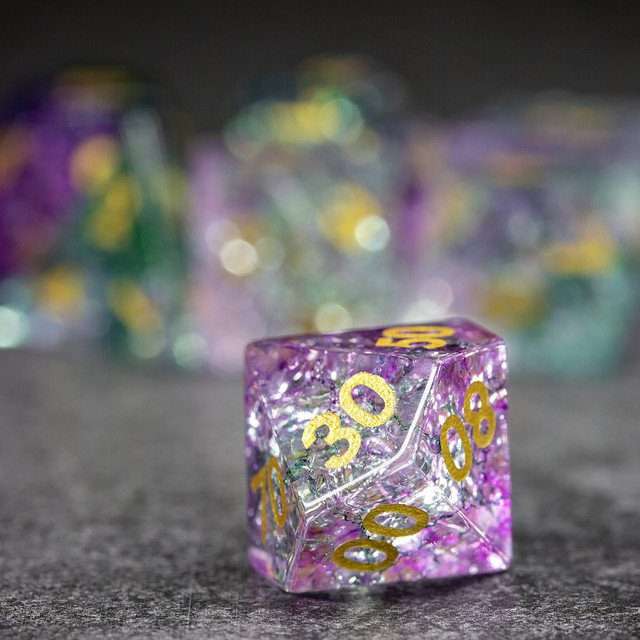 Sage's Kaleidoscopes Purple/Green Cracked Glass Gloss Finish Polyhedral Dice Set image 3