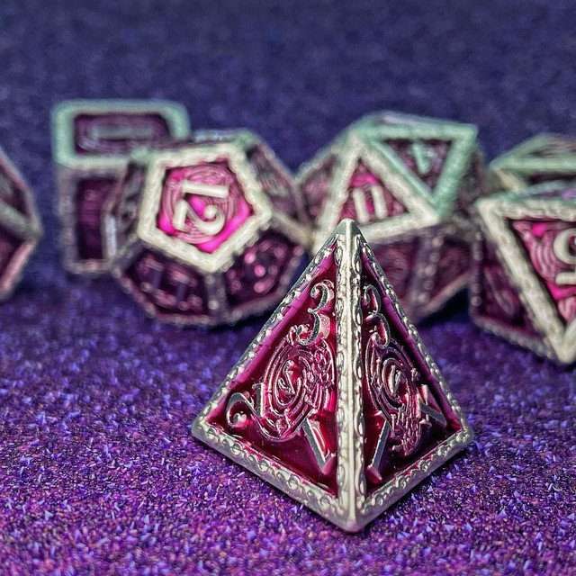 Sage's Anthems - Pearl Silver and Purple Metal Polyhedral Dice Set image 18