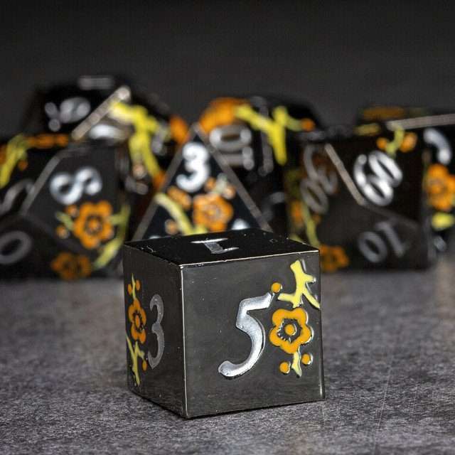 Sage's Petrified Flowers Black Orange/Yellow Flowers Metal Polyhedral Dice Set image 6