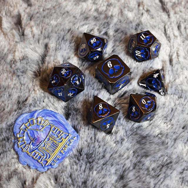 Sage's Grim's Fortunes - Gloss Black with Blue Metal Polyhedral Dice Set image 9