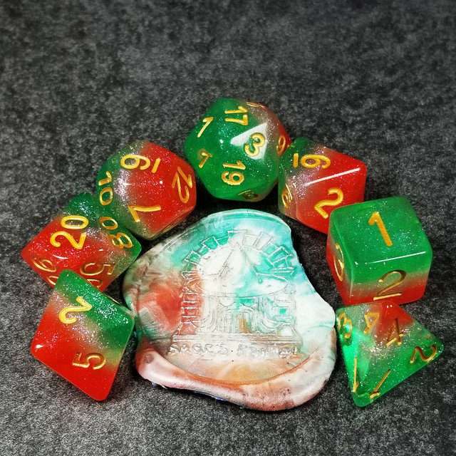Sage’s Cantrips - Red/White/Green Watermelon Resin Polyhedral Dice Set image 1