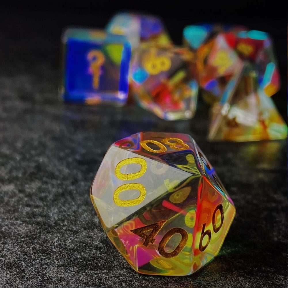 Sage's Treasures - Captured Rainbow Gold Ink Dichroic Glass Polyhedral Dice Set image 5