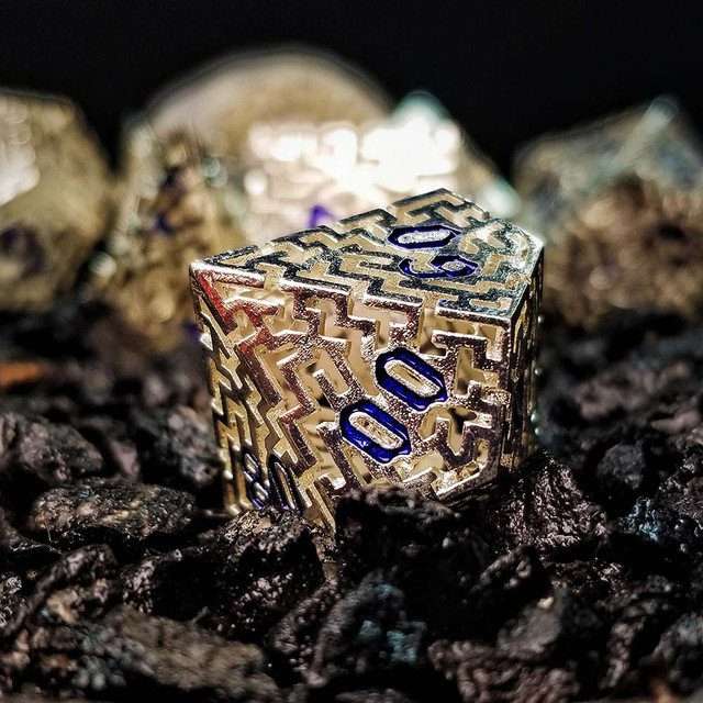 Sage's Labyrinths - Silver Weave Blue Ink Hollow Metal Polyhedral Dice Set image 12