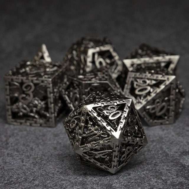 Sage's Dragonstones - Chained Noble Dragon Nickel Silver Hollow Metal Polyhedral Dice Set image 1