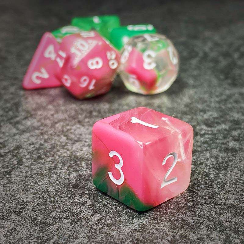 Sage's Capsules - Half Transparent Pink/Green Acrylic Polyhedral Dice Set image 7