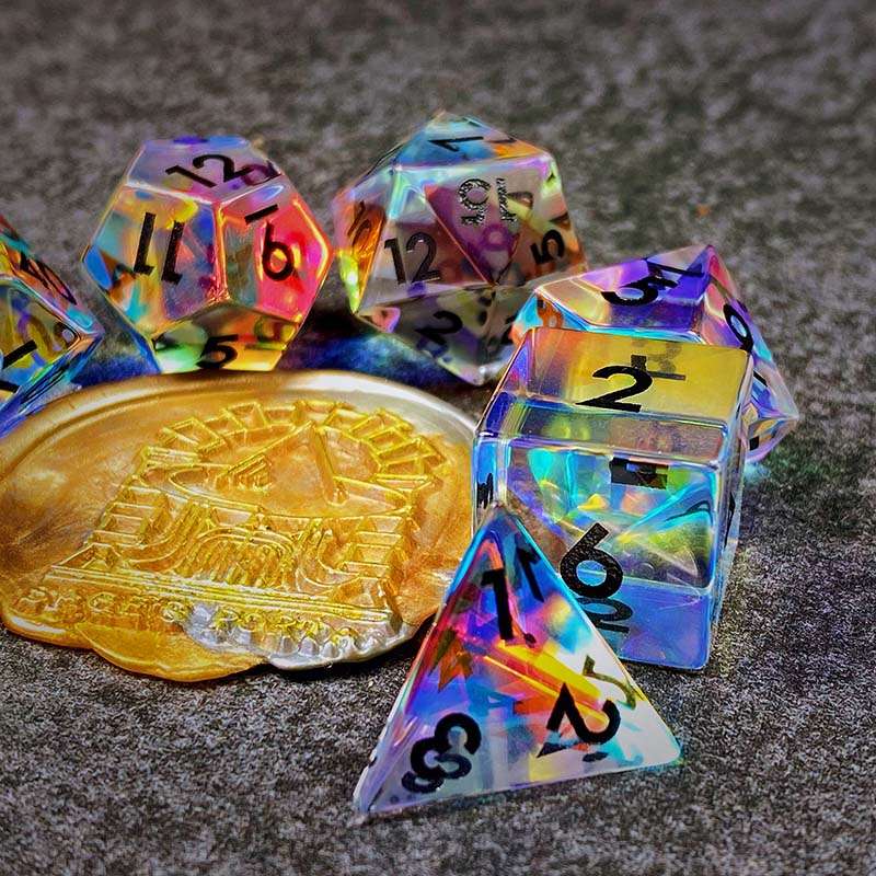 Sage's Treasures - Captured Rainbow Black Ink Dichroic Rainbow Glass Polyhedral Dice Set image 14