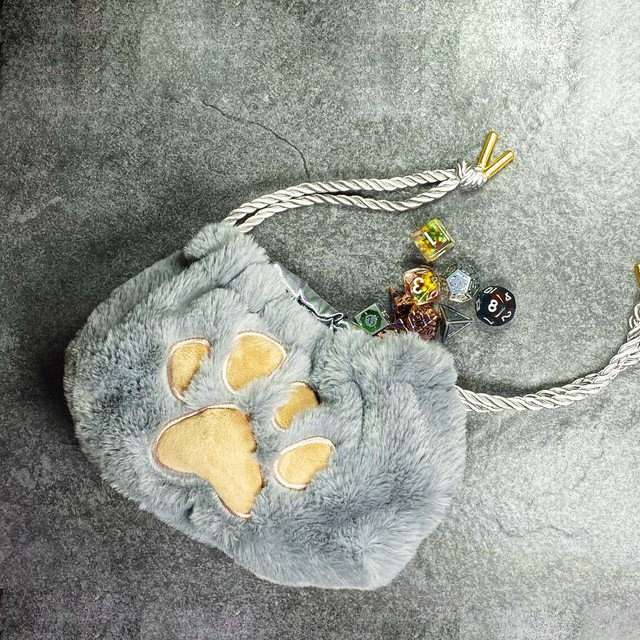 Sage's Furry Kittypaw Bag - Grey Fur/Brown Paw Dice Bag image 3