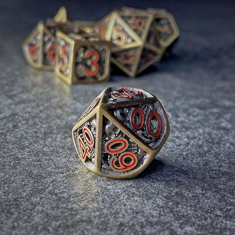 Sage's Grim's Fortunes - Bronze Red Ink Reaper Hollow Metal Polyhedral Dice Set image 4