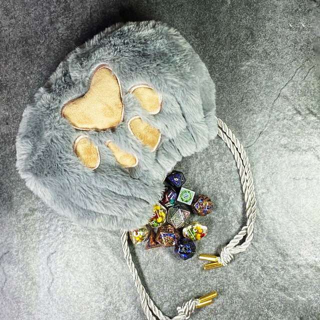 Sage's Furry Kittypaw Bag - Grey Fur/Brown Paw Dice Bag image 5