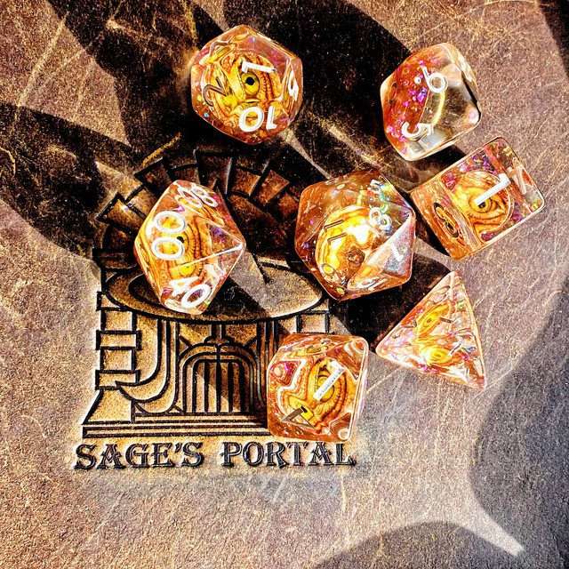 Sage's Bottled Gold Dragon Eyes Resin Polyhedral Dice Set image 6