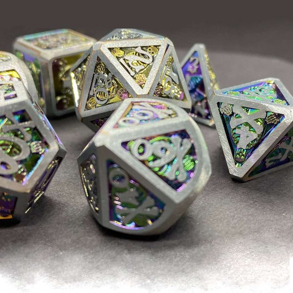 Sage's Grim's Fortunes - Silver/Holo Skull-Bones Metal Polyhedral Dice Set image 12