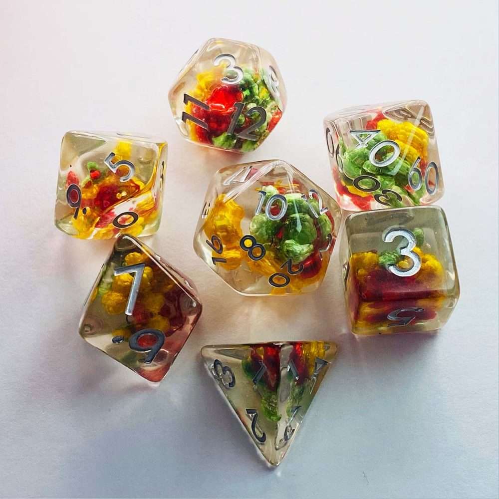 Sage's Cantrips - Transparent Red/Yellow/Green Flowers Resin Polyhedral Dice Set image 8
