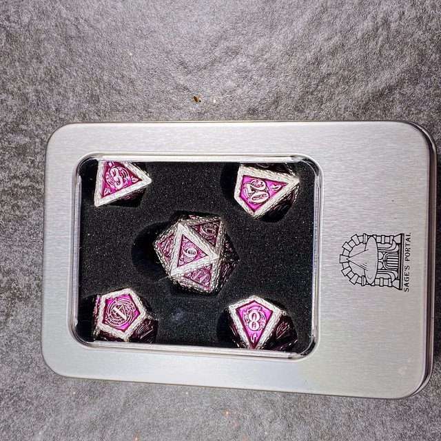 Sage's Anthems - Pearl Silver and Purple Metal Polyhedral Dice Set image 29