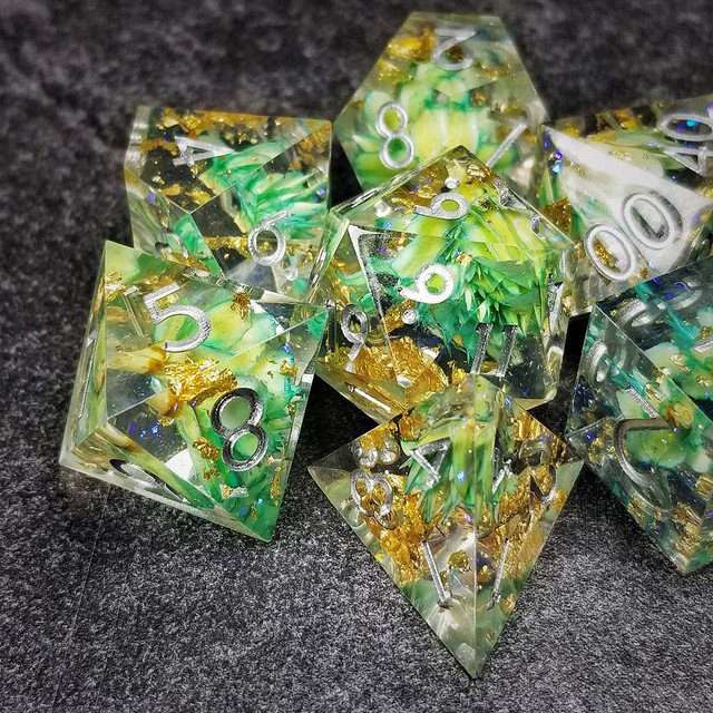 Sage’s Enchanted Flower Cyan Sharp Edge Resin Polyhedral Dice Set image 25