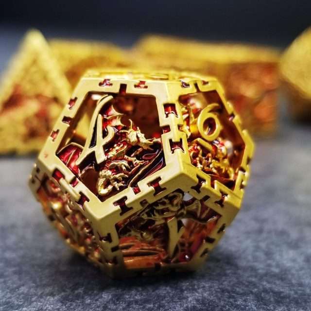 Sage's Dragonstones - Chained Noble Dragon Gold Hollow Metal Polyhedral Dice Set image 1