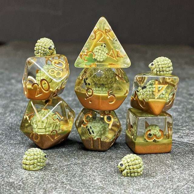 Sage's Baby Hedgehog Green Familiar Resin Polyhedral Dice Set image 5