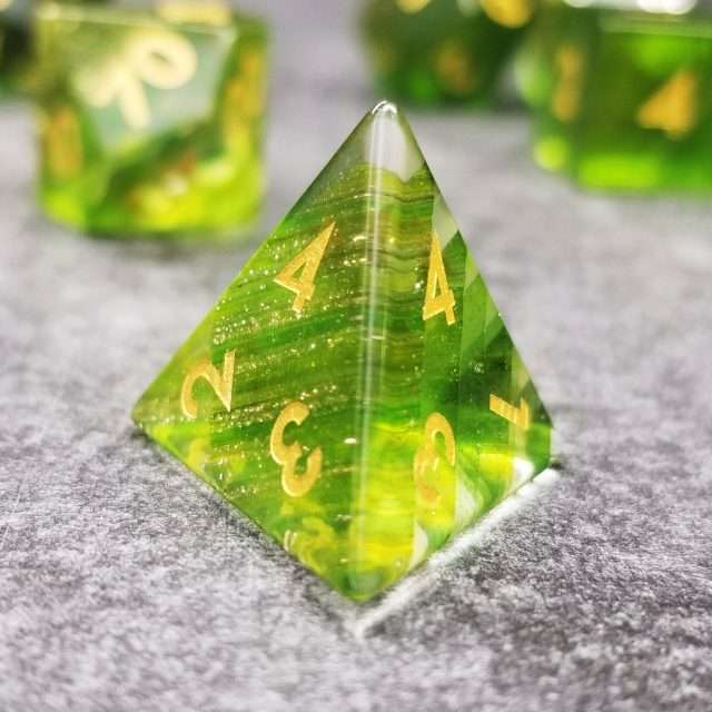 Sage's Treasures- Green Glass Layered Gold Glitter Gemstone Polyhedral Dice Set image 7