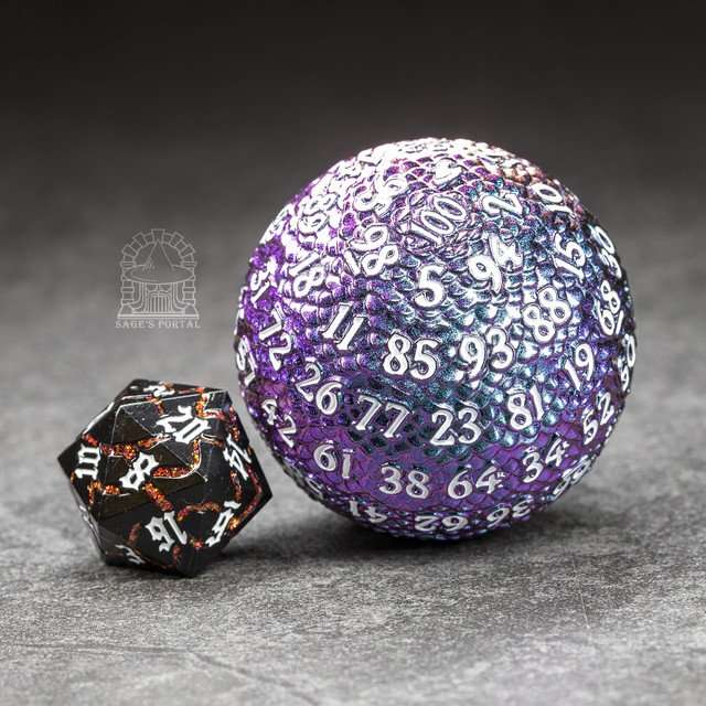 Sage’s Dragon Egg Purple/Teal d100 Metal Dice image 1