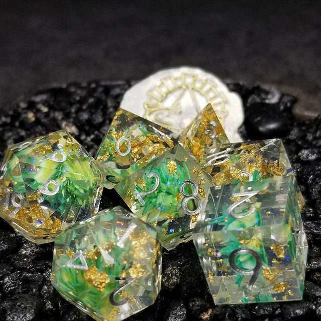Sage’s Enchanted Flower Cyan Sharp Edge Resin Polyhedral Dice Set image 14