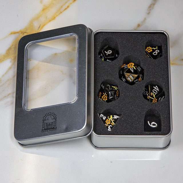Sage's Petrified Flowers Black Orange/Yellow Flowers Metal Polyhedral Dice Set image 10