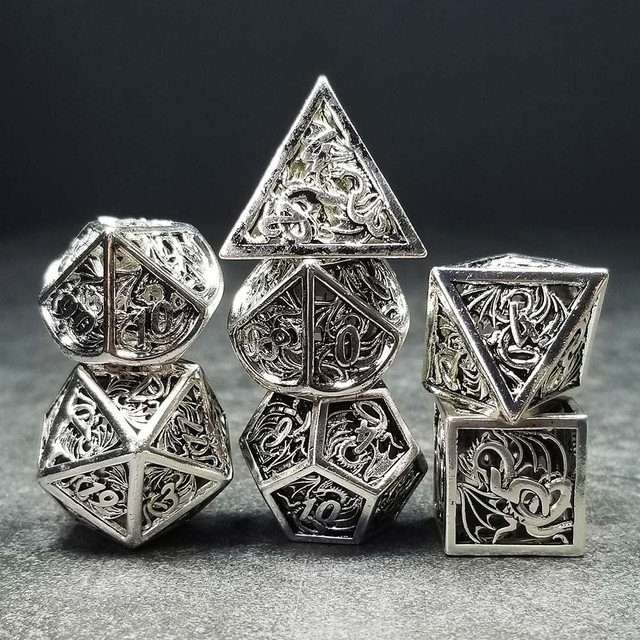 Sage's Dragonstones - Elder Dragon True Silver Hollow Metal Polyhedral Dice Set image 8