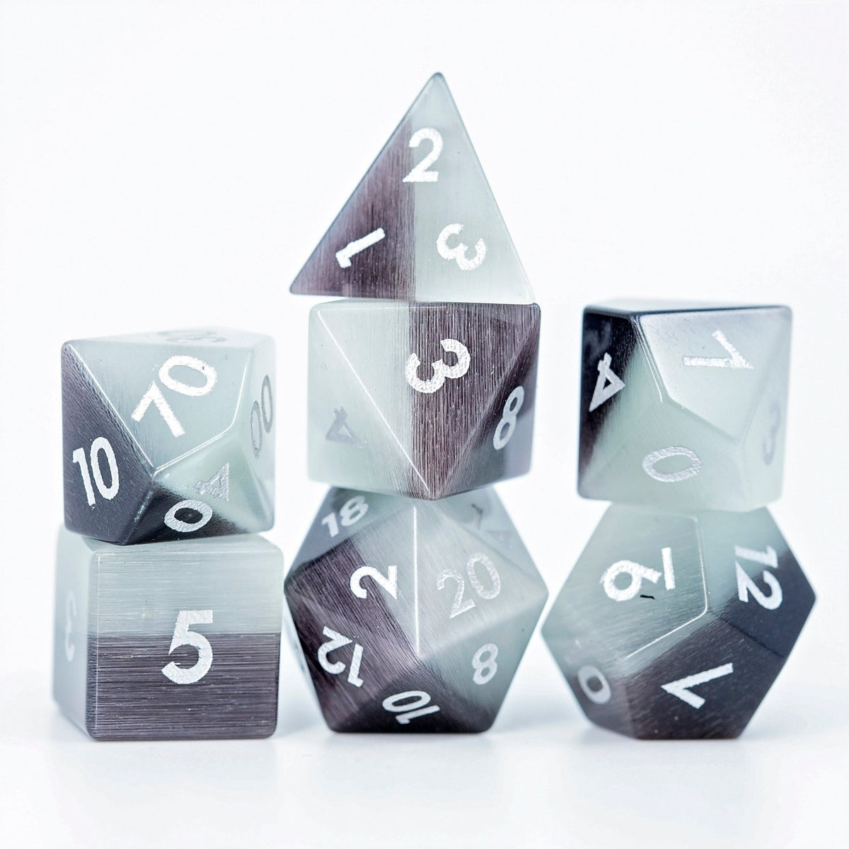 Black Pearl Cat's Eye Gemstone DND Dice Set | Sage’s Treasures | Real Catseye Gem Polyhedral Dice - Sage's PortalGemstone Dice Set