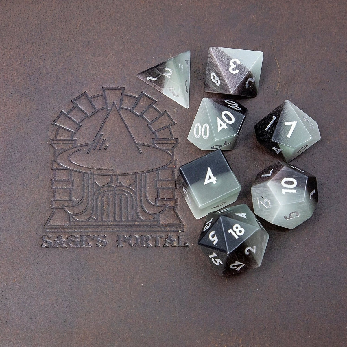 Black Pearl Cat's Eye Gemstone DND Dice Set | Sage’s Treasures | Real Catseye Gem Polyhedral Dice - Sage's PortalGemstone Dice Set