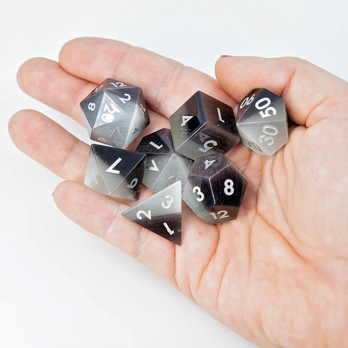 Black Pearl Cat's Eye Gemstone DND Dice Set | Sage’s Treasures | Real Catseye Gem Polyhedral Dice - Sage's PortalGemstone Dice Set