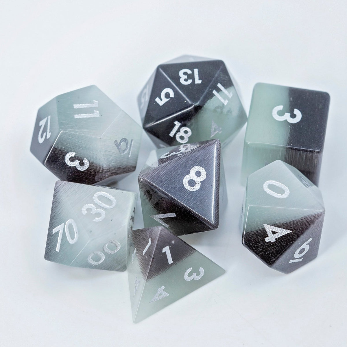 Black Pearl Cat's Eye Gemstone DND Dice Set | Sage’s Treasures | Real Catseye Gem Polyhedral Dice - Sage's PortalGemstone Dice Set