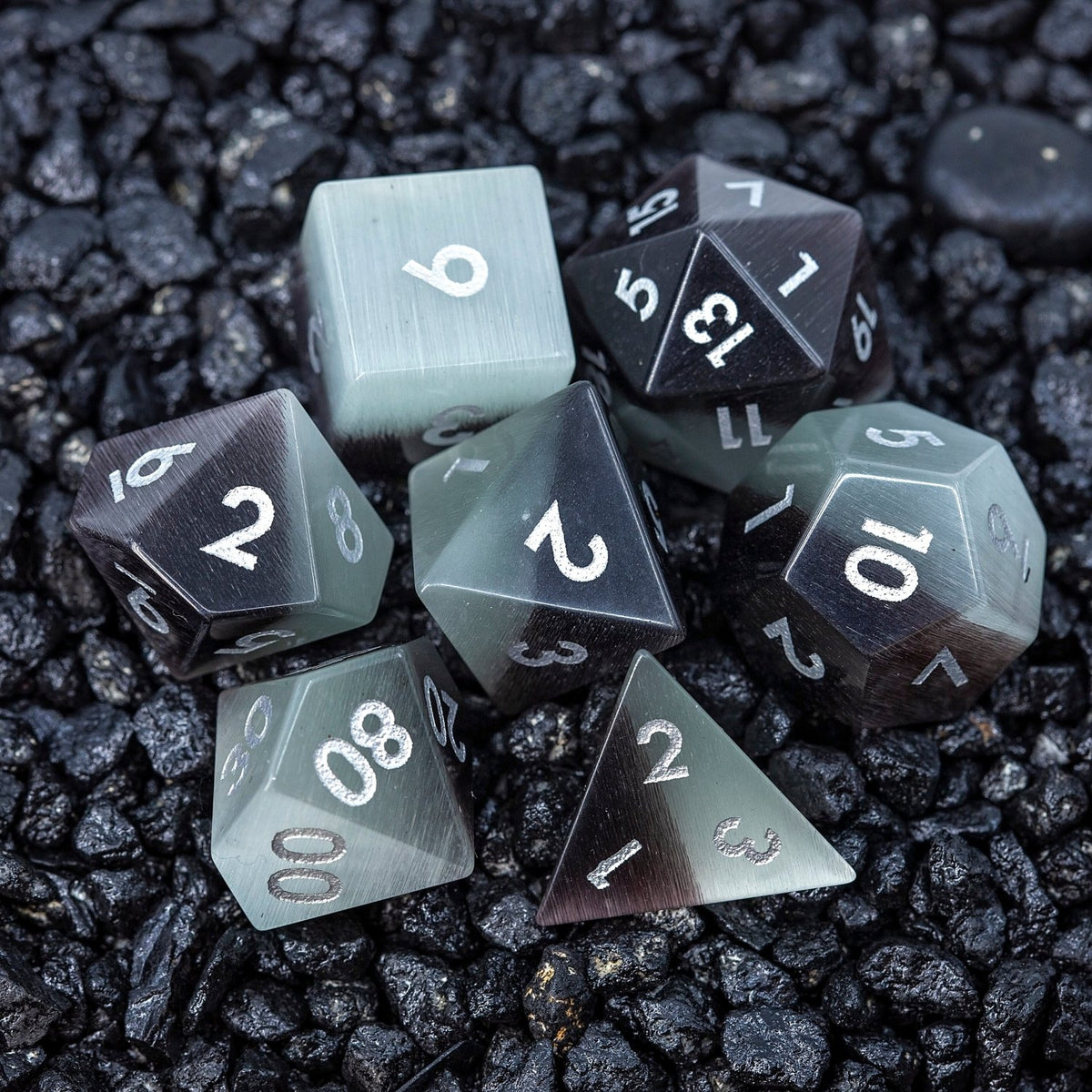 Black Pearl Cat's Eye Gemstone DND Dice Set | Sage’s Treasures | Real Catseye Gem Polyhedral Dice - Sage's PortalGemstone Dice Set