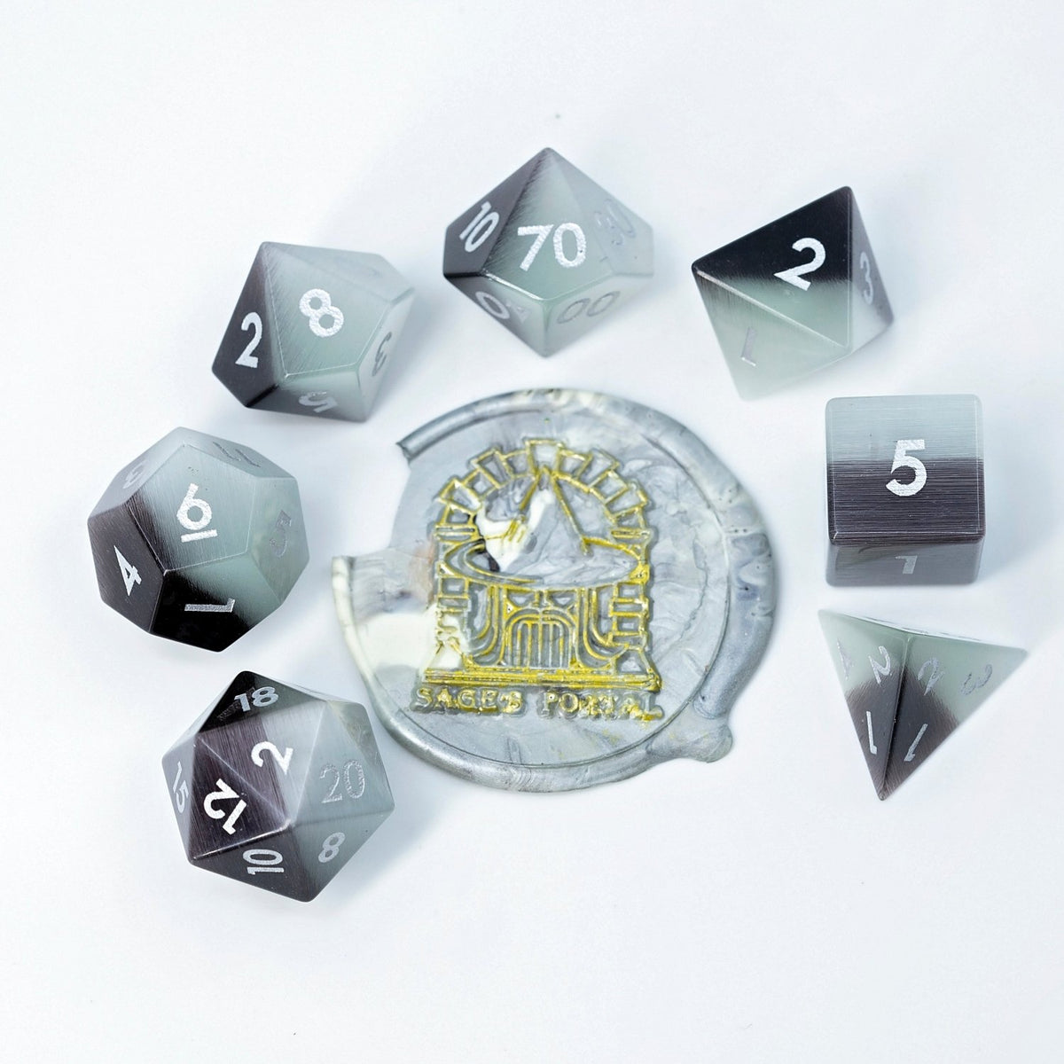 Black Pearl Cat's Eye Gemstone DND Dice Set | Sage’s Treasures | Real Catseye Gem Polyhedral Dice - Sage's PortalGemstone Dice Set