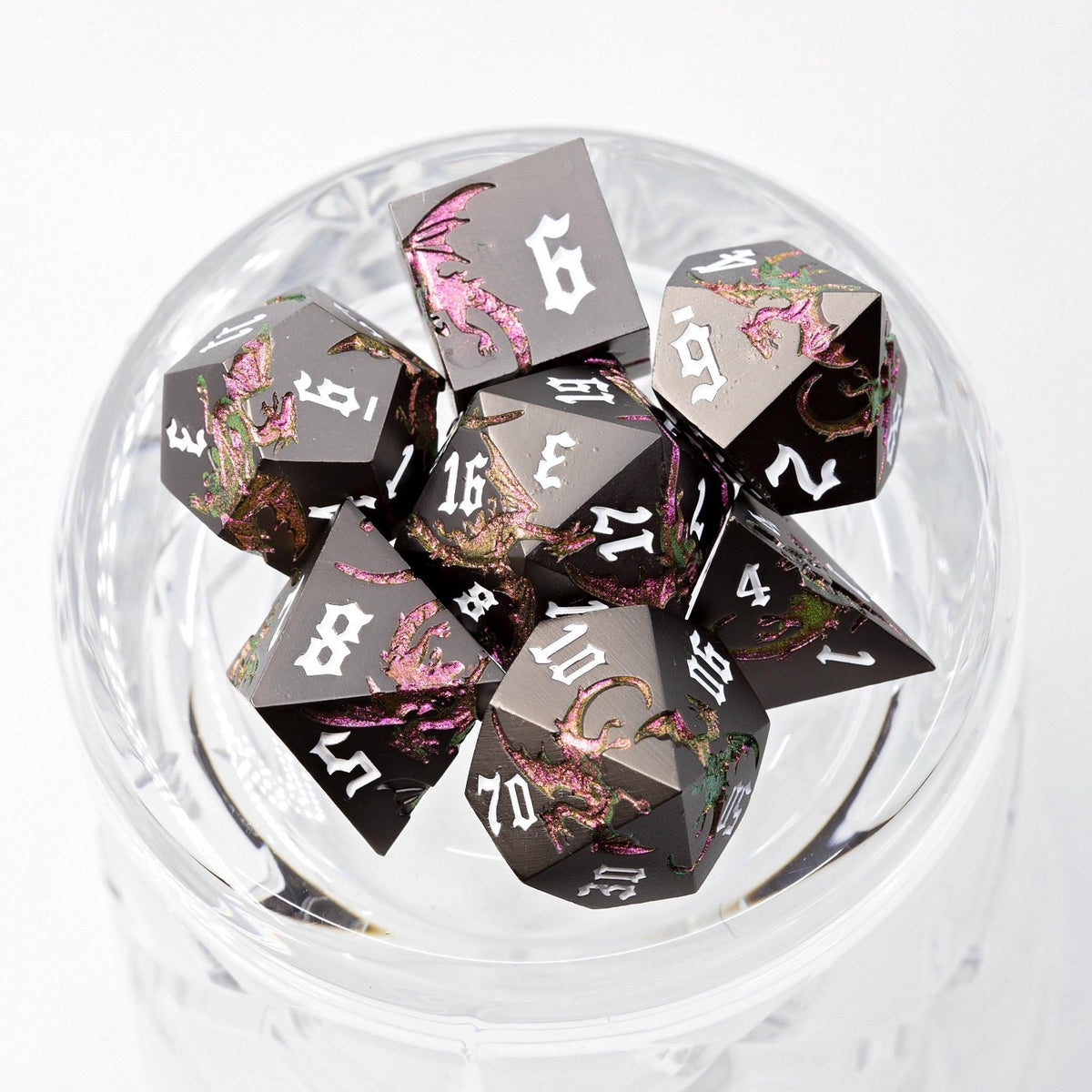 Black & Pink Metal DND Dice Set | Sage’s Dragon Etchings | Rose Gold Engraved Dragons Polyhedral Dice - Sage's PortalMetal Dice Set