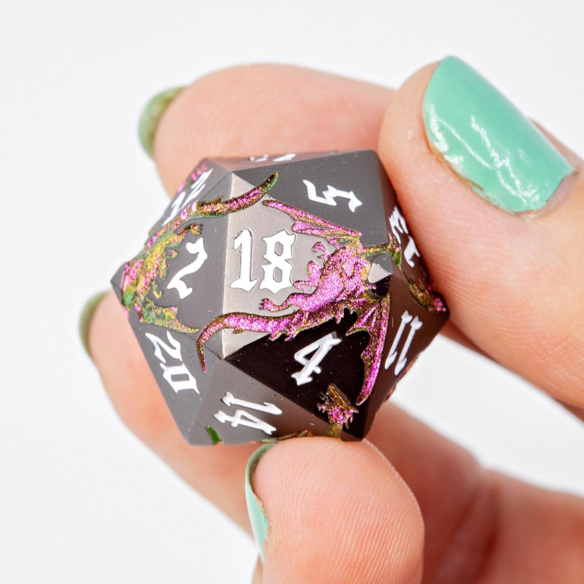 Black & Pink Metal DND Dice Set | Sage’s Dragon Etchings | Rose Gold Engraved Dragons Polyhedral Dice - Sage's PortalMetal Dice Set