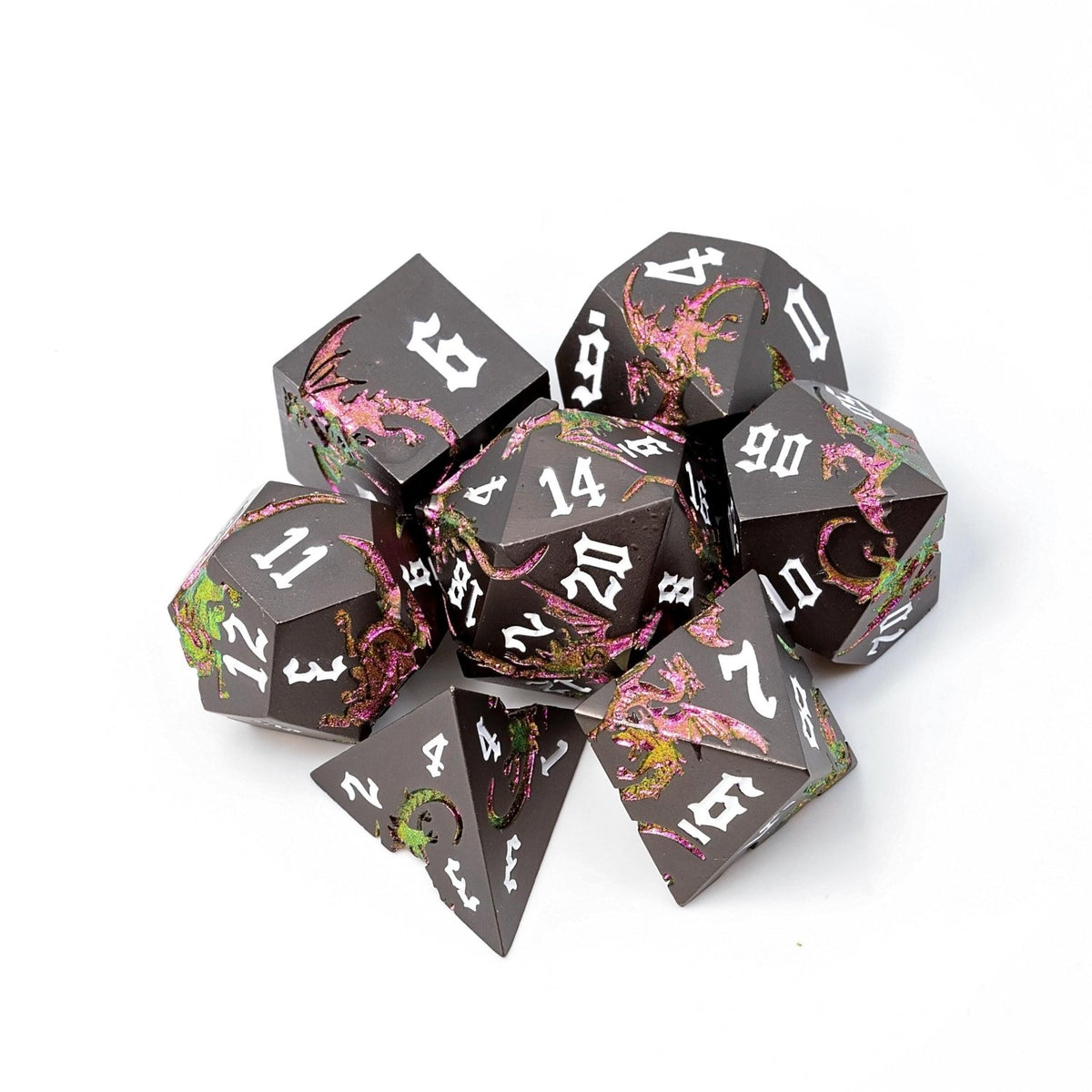 Black & Pink Metal DND Dice Set | Sage’s Dragon Etchings | Rose Gold Engraved Dragons Polyhedral Dice - Sage's PortalMetal Dice Set