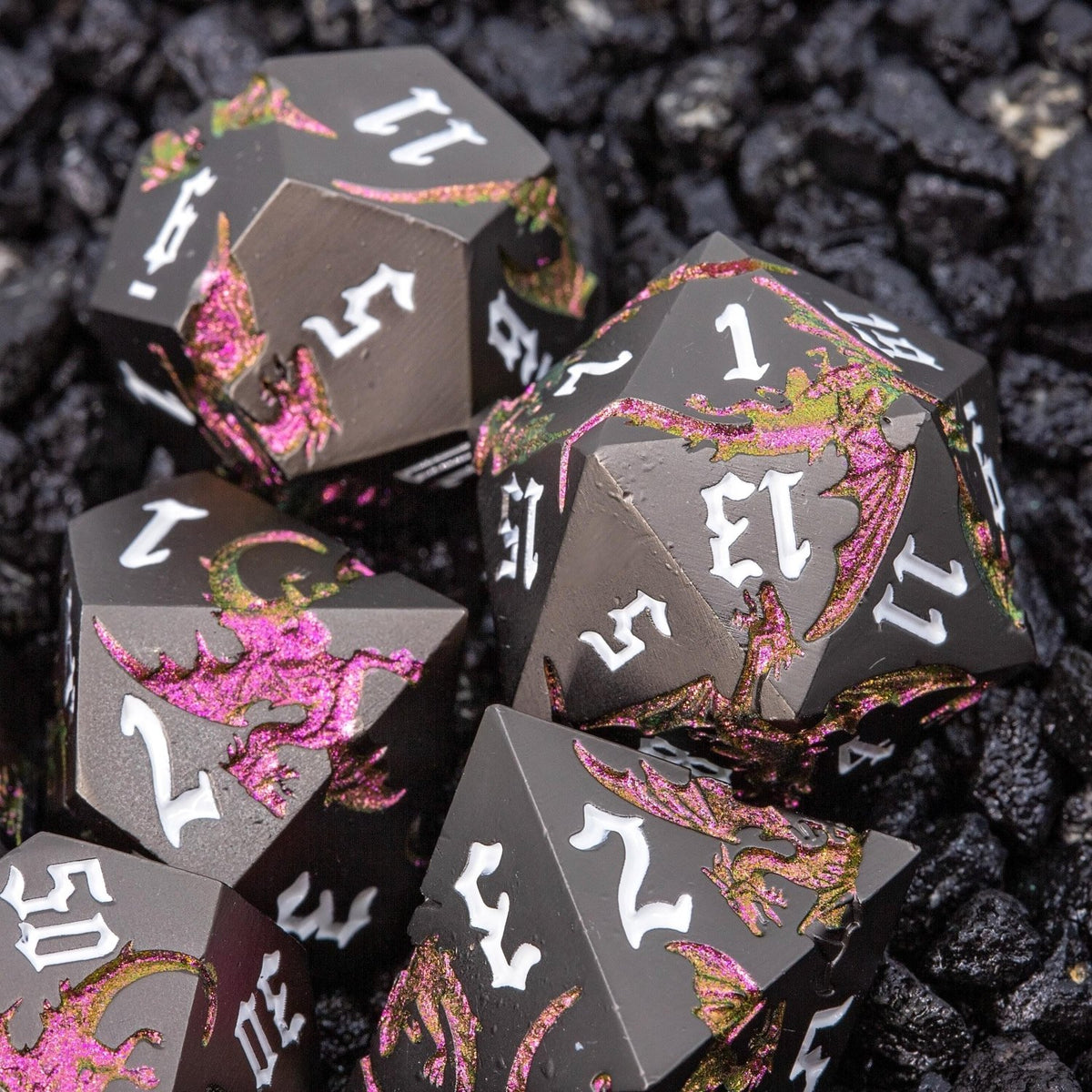 Black & Pink Metal DND Dice Set | Sage’s Dragon Etchings | Rose Gold Engraved Dragons Polyhedral Dice - Sage's PortalMetal Dice Set
