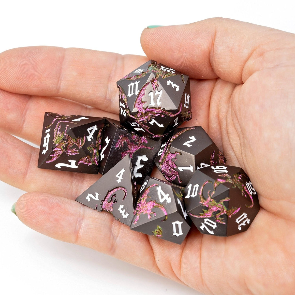 Black & Pink Metal DND Dice Set | Sage’s Dragon Etchings | Rose Gold Engraved Dragons Polyhedral Dice - Sage's PortalMetal Dice Set