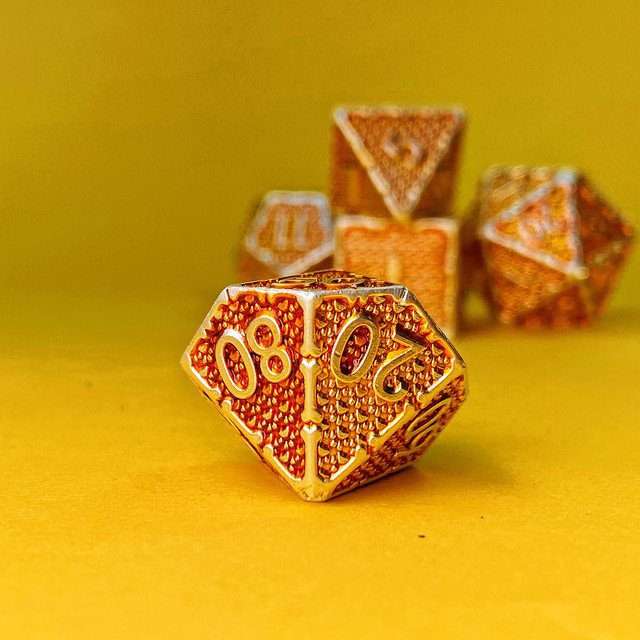 Sage's Hounds - Vintage Yellow with Silver Metal Polyhedral Dice Set image 21